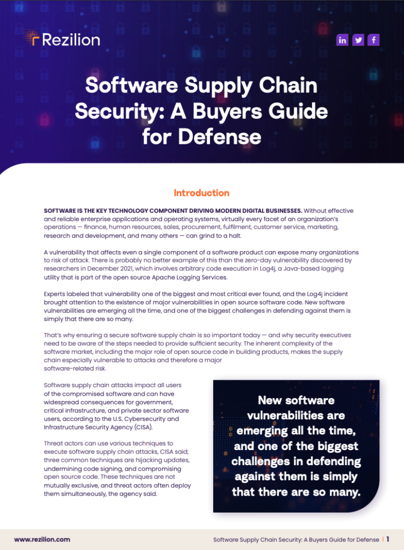 A white paper from Rezilion - Software Supply Chain Security: A Buyers Guide for Defense