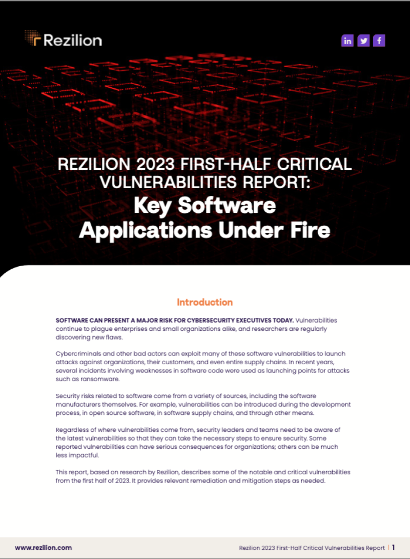 Thumbnail of the Rezilion 2023 first-half critical, vulnerabilities report: key software applications under fire